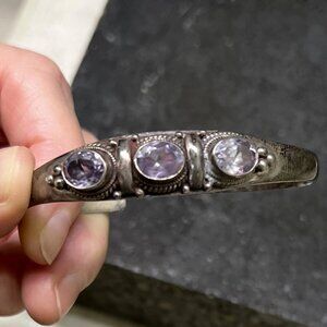 Vintage Handmade Nepalese Silver Three Amethyst Stone Open Cuff Bracelet